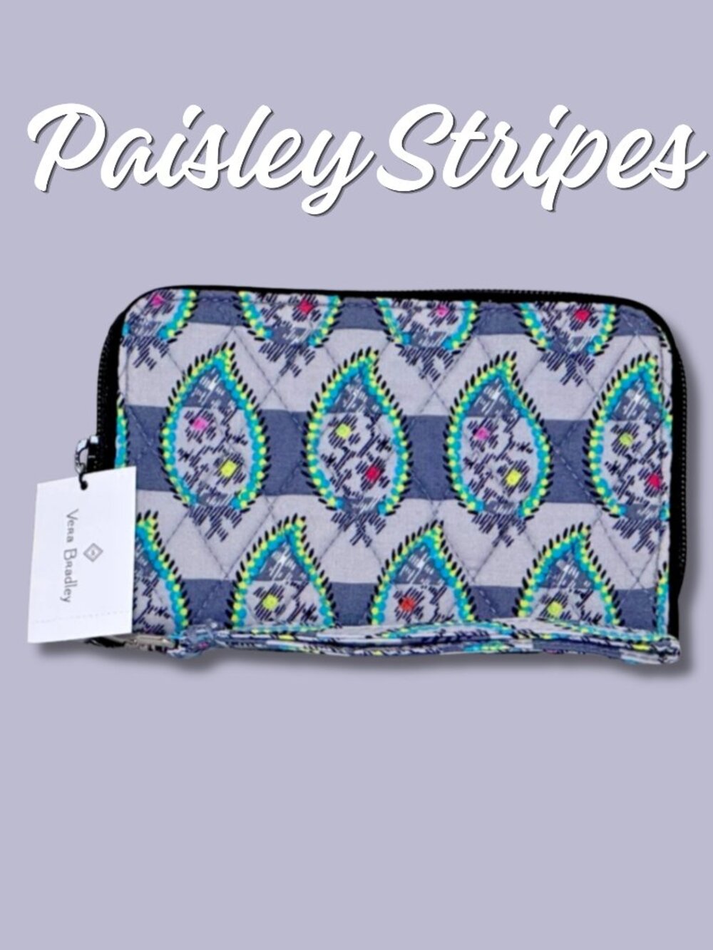 Vera Bradley Paisley Stripes Zip Around Wristlet Wallet NWT Quilted Cotton